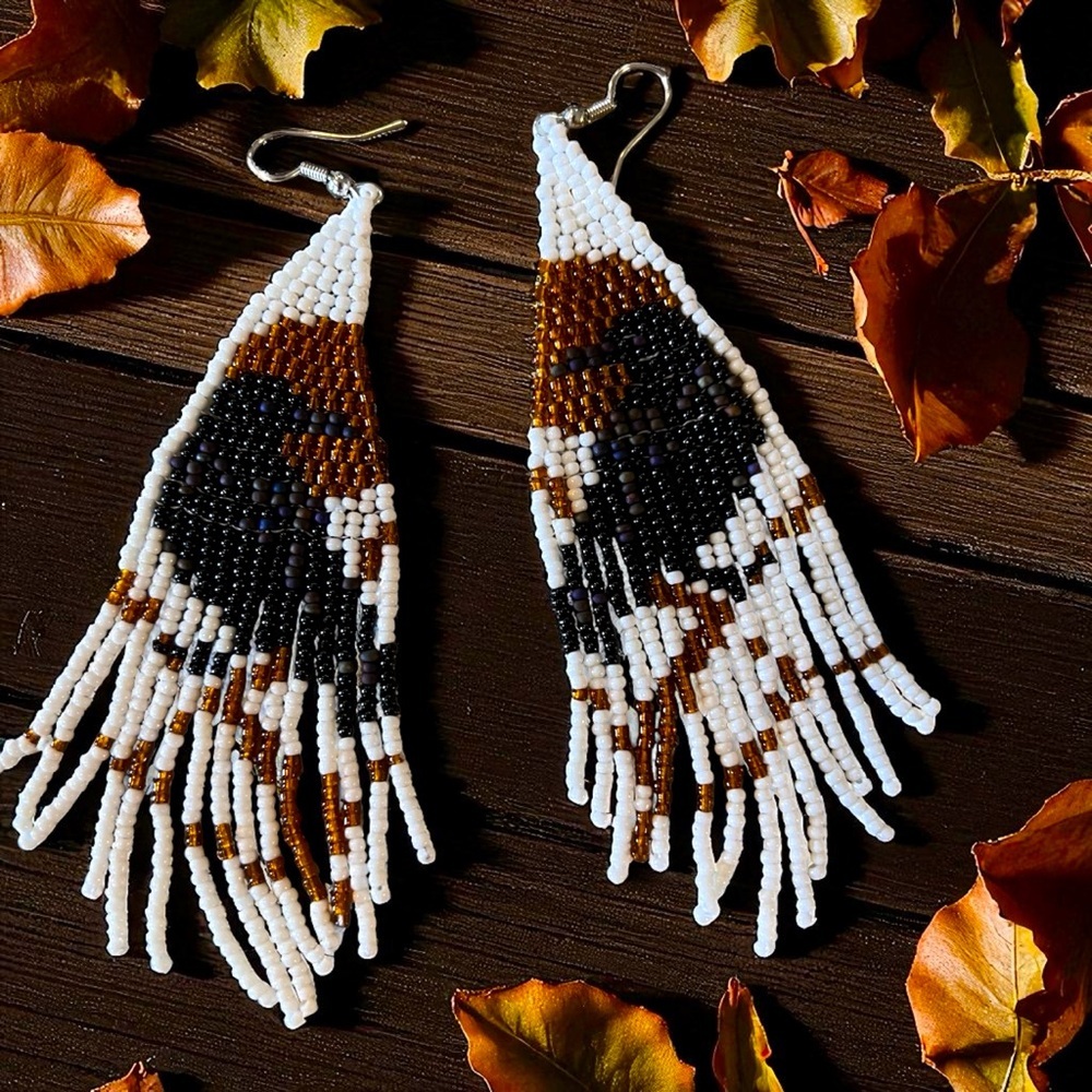 Handbeaded Raven Beaded Earrings Fringe Boho Witchy Beautiful handcrafted